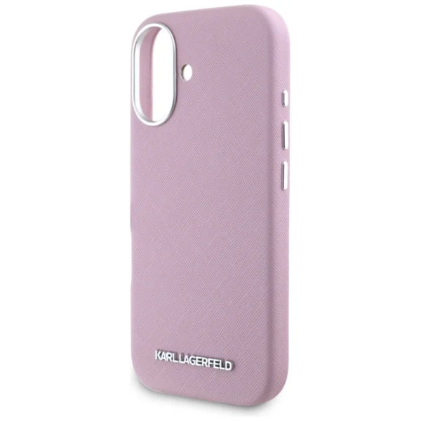 Karl Lagerfeld Saffiano Full Wrapped Elongated Metal Logo MagSafe iPhone 16 Case - Pinkeng