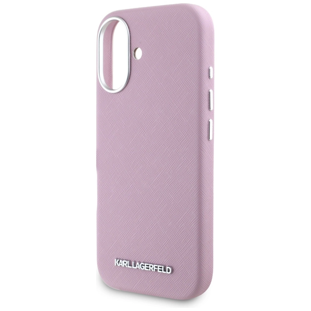 Karl Lagerfeld Saffiano Full Wrapped Elongated Metal Logo MagSafe iPhone 16 Case - Pinkeng