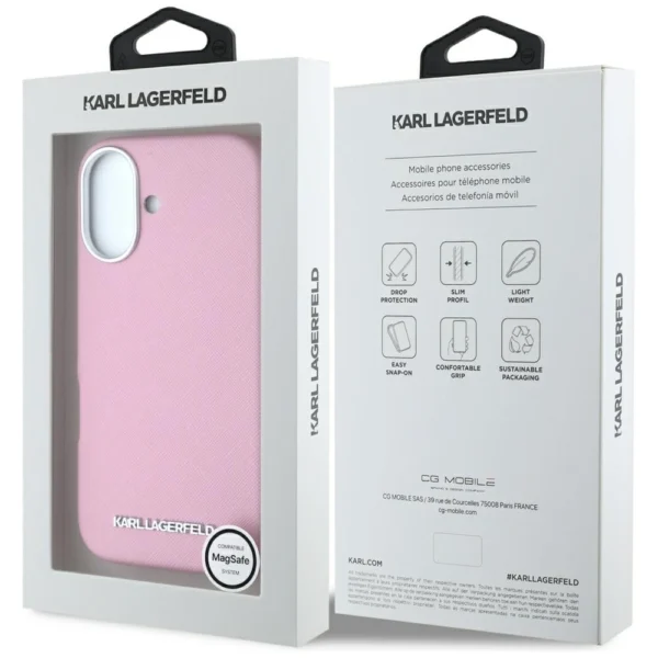 Karl Lagerfeld Saffiano Full Wrapped Elongated Metal Logo MagSafe iPhone 16 Case - Pinkeng