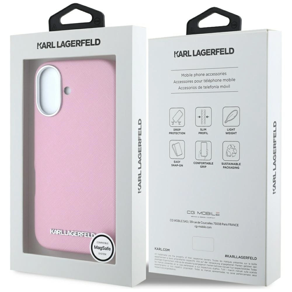 Karl Lagerfeld Saffiano Full Wrapped Elongated Metal Logo MagSafe iPhone 16 Case - Pinkeng