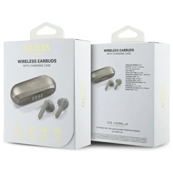 Guess Elongated Metalic Printed Logo Bluetooth TWS Headphones + Docking Station - Goldeng