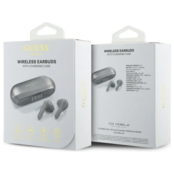 Guess Elongated Metalic Printed Logo Bluetooth TWS Headphones + Docking Station - Grayeng