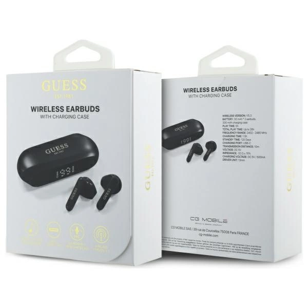 Guess Elongated Metallic Printed Logo Bluetooth TWS Headphones + Docking Station - Blackeng