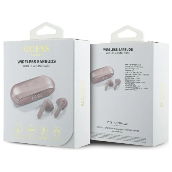 Guess Elongated Metalic Printed Logo Bluetooth TWS Headphones + Docking Station - Pinkeng