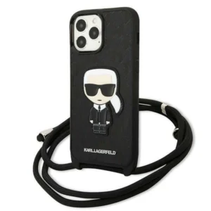 Karl Lagerfeld Leather Monogram Patch and Cord Iconik Case for iPhone 13 Pro Max 6.7" - Blackeng