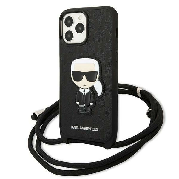 Karl Lagerfeld Leather Monogram Patch and Cord Iconik Case for iPhone 13 Pro Max 6.7" - Blackeng