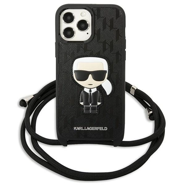Karl Lagerfeld Leather Monogram Patch and Cord Iconik Case for iPhone 13 Pro Max 6.7" - Blackeng