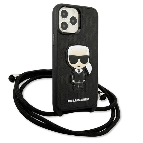 Karl Lagerfeld Leather Monogram Patch and Cord Iconik Case for iPhone 13 Pro Max 6.7" - Blackeng