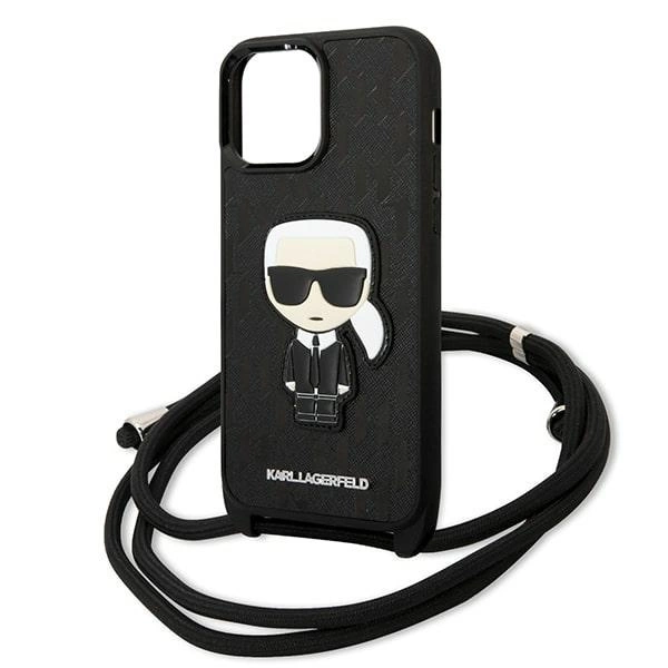 Karl Lagerfeld Leather Monogram Patch and Cord Iconik Case for iPhone 13 Pro Max 6.7" - Blackeng