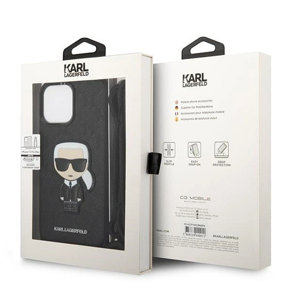 Karl Lagerfeld Leather Monogram Patch and Cord Iconik Case for iPhone 13 Pro Max 6.7" - Blackeng