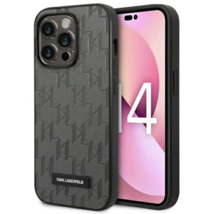 Karl Lagerfeld Saffiano Mono Metal Logo iPhone 14 Pro Max 6.7" Case - Grayeng
