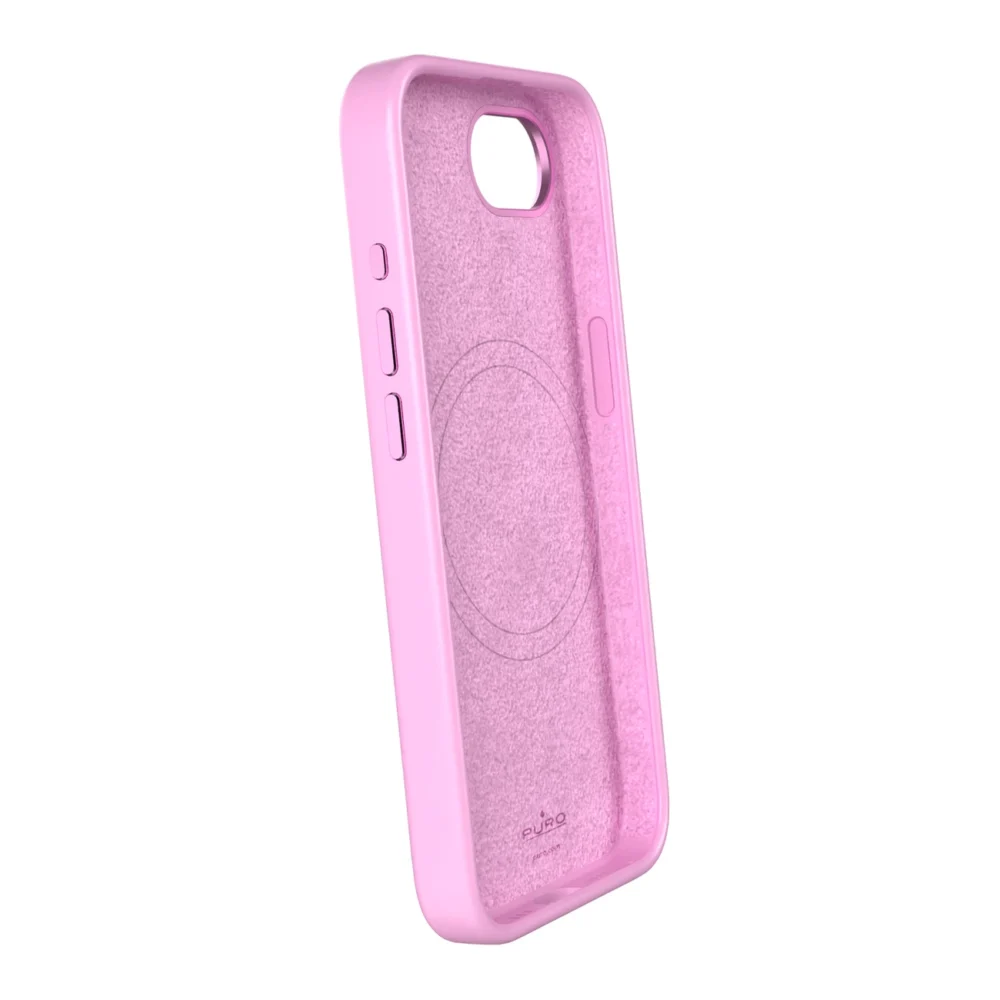 Puro Liquid Silicon Cover "ICON MAG PRO" with Magsafe, metal buttons and camera ring for iPhone 16E, pinkeng