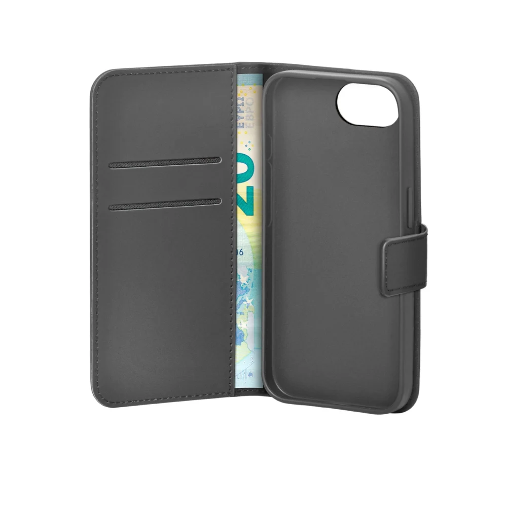 Puro Eco-Leather Case for iPhone 16E W/horiz.flip+2 Card Slot+Banknote Pocket+Cover Blackeng