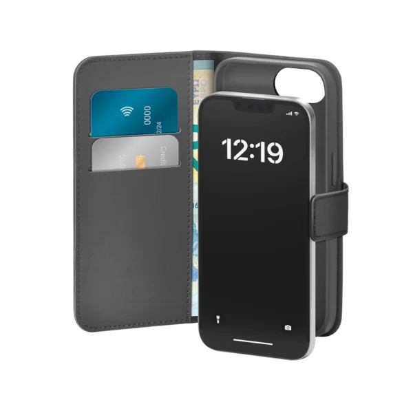 Puro Eco-Leather Case for iPhone 16E W/horiz.flip+2 Card Slot+Banknote Pocket+Cover Blackeng