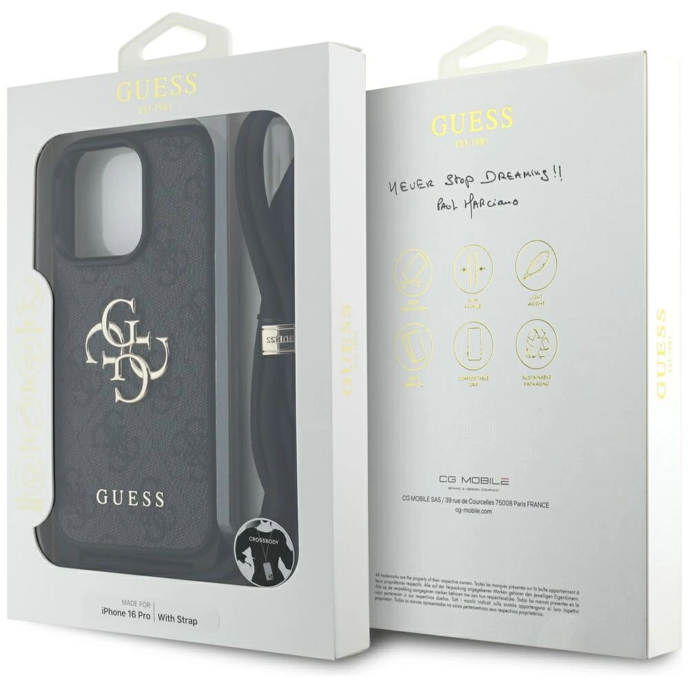 Guess 4G Big Logo Cord Stap Crossbody Case for iPhone 16 Pro Blackeng
