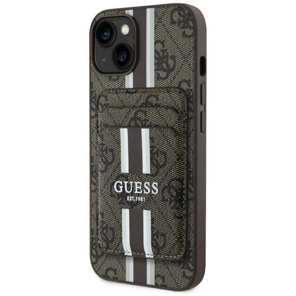 Guess 4G Stripes case with Magsafe wallet for iPhone 15 browneng