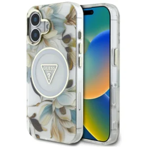 Guess Glitter Flowers Triangle Buttons MagSafe case for iPhone 16 whiteeng