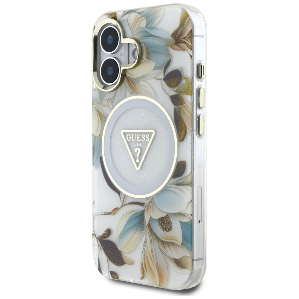 Guess Glitter Flowers Triangle Buttons MagSafe case for iPhone 16 whiteeng