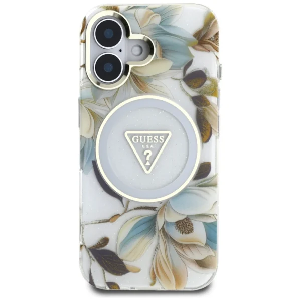 Guess Glitter Flowers Triangle Buttons MagSafe case for iPhone 16 whiteeng