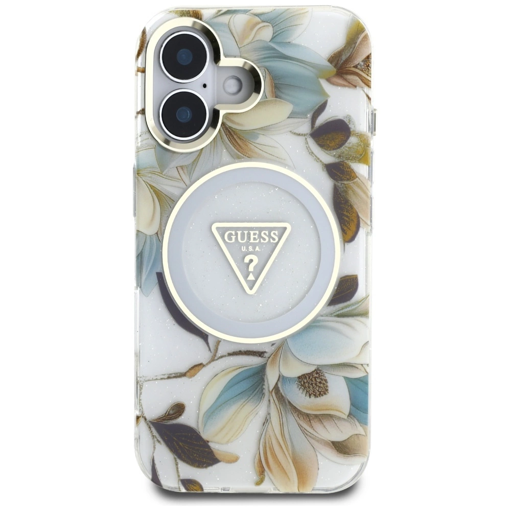 Guess Glitter Flowers Triangle Buttons MagSafe case for iPhone 16 whiteeng