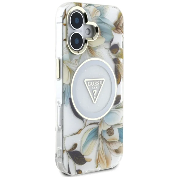 Guess Glitter Flowers Triangle Buttons MagSafe case for iPhone 16 whiteeng