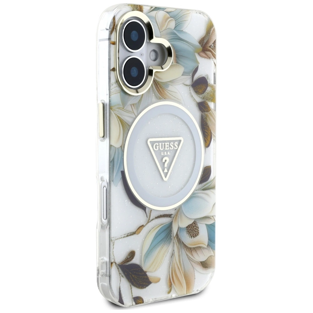 Guess Glitter Flowers Triangle Buttons MagSafe case for iPhone 16 whiteeng