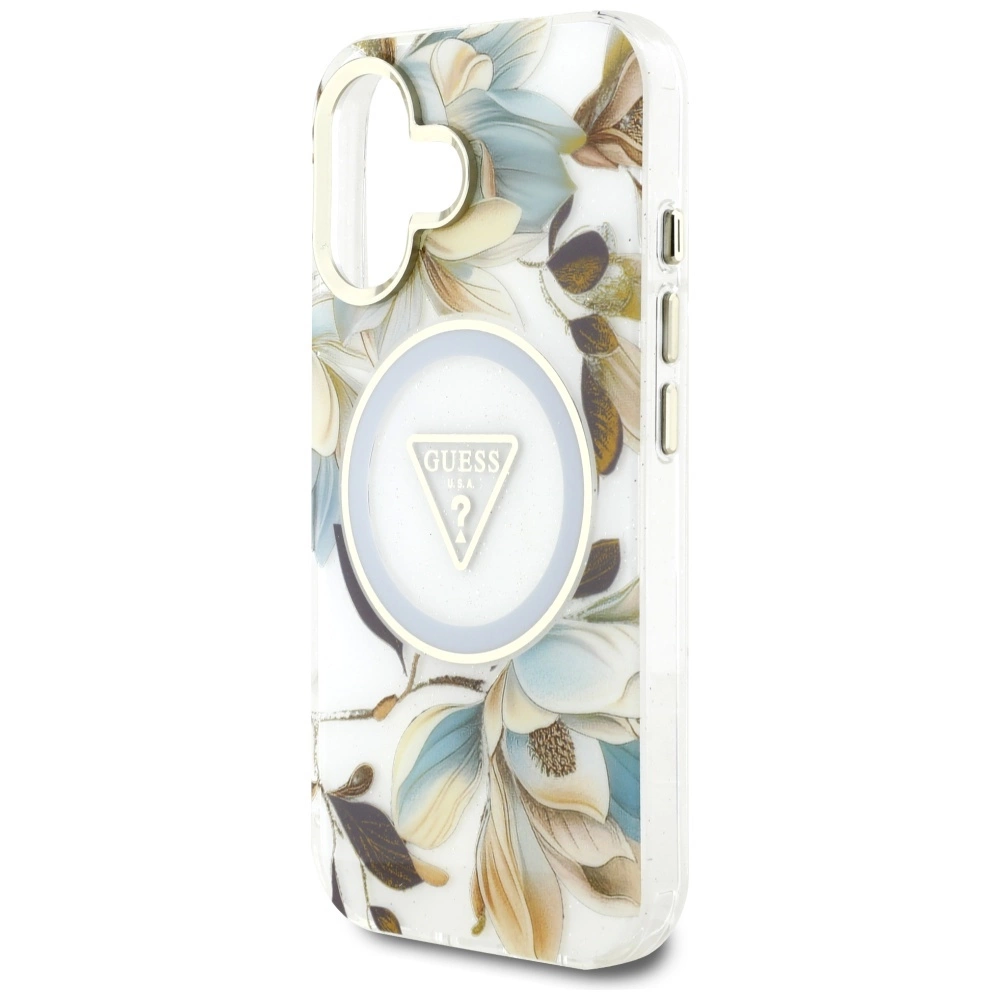 Guess Glitter Flowers Triangle Buttons MagSafe case for iPhone 16 whiteeng
