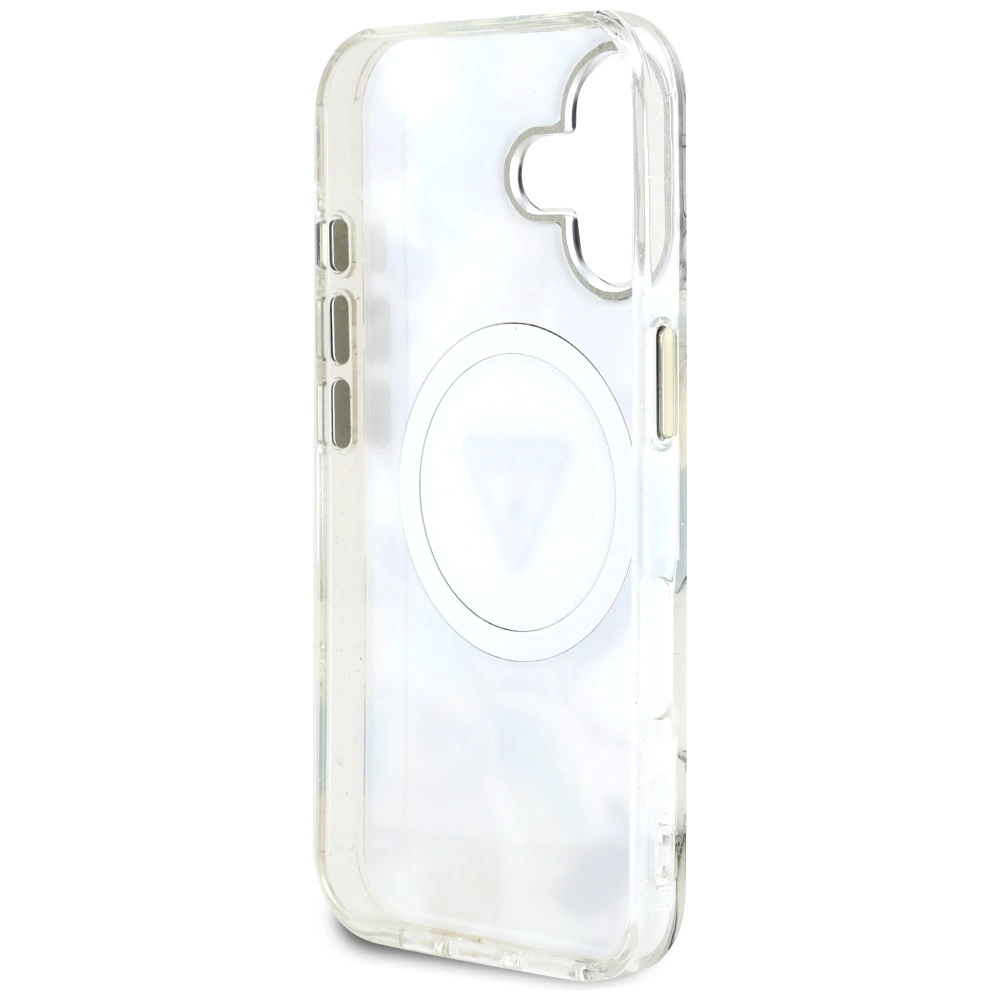 Guess Glitter Flowers Triangle Buttons MagSafe case for iPhone 16 whiteeng