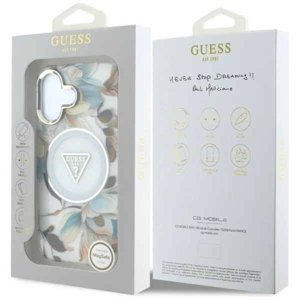 Guess Glitter Flowers Triangle Buttons MagSafe case for iPhone 16 whiteeng
