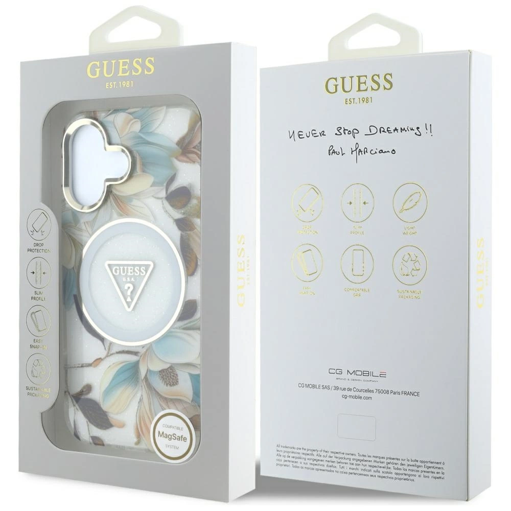 Guess Glitter Flowers Triangle Buttons MagSafe case for iPhone 16 whiteeng