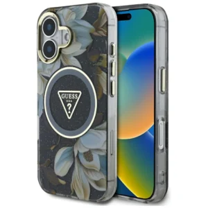 Guess Glitter Flowers Triangle Buttons MagSafe case for iPhone 16 blackeng