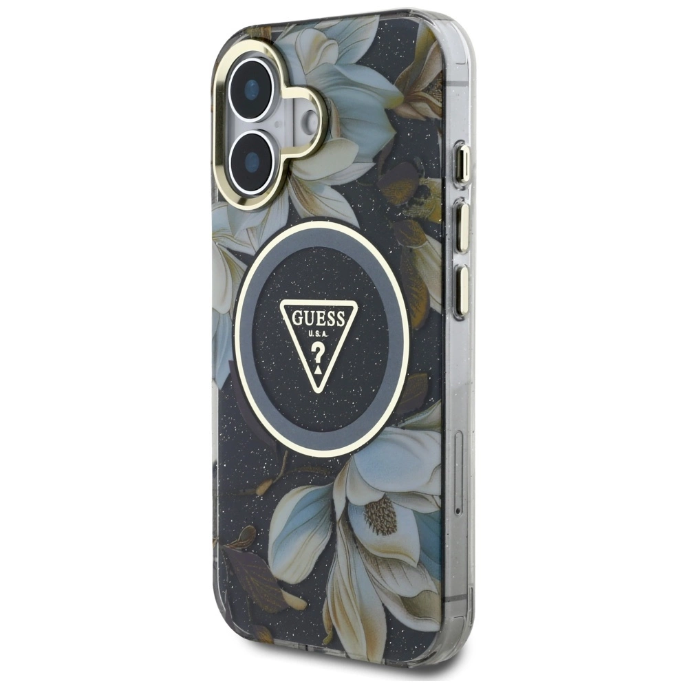 Guess Glitter Flowers Triangle Buttons MagSafe case for iPhone 16 blackeng