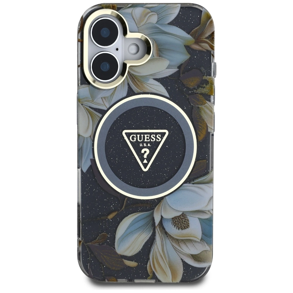 Guess Glitter Flowers Triangle Buttons MagSafe case for iPhone 16 blackeng