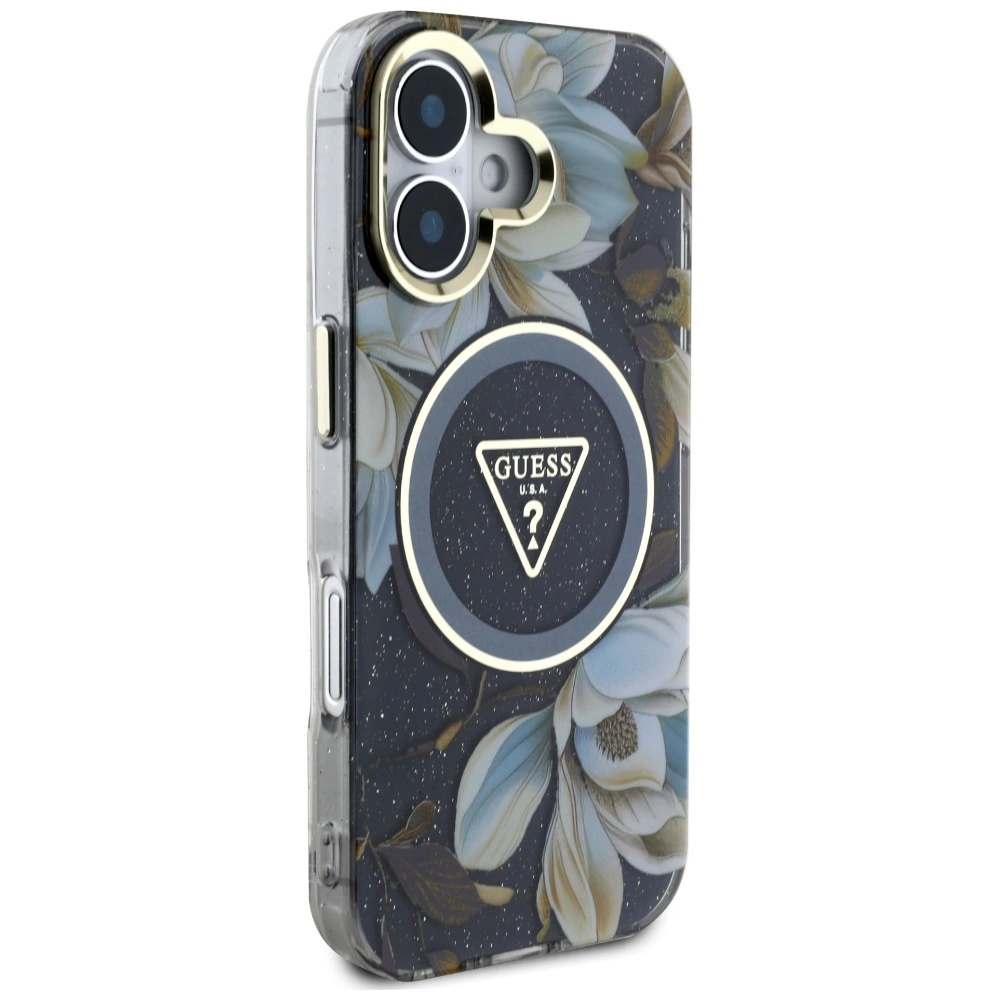 Guess Glitter Flowers Triangle Buttons MagSafe case for iPhone 16 blackeng