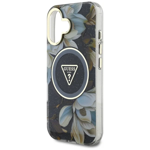 Guess Glitter Flowers Triangle Buttons MagSafe case for iPhone 16 blackeng