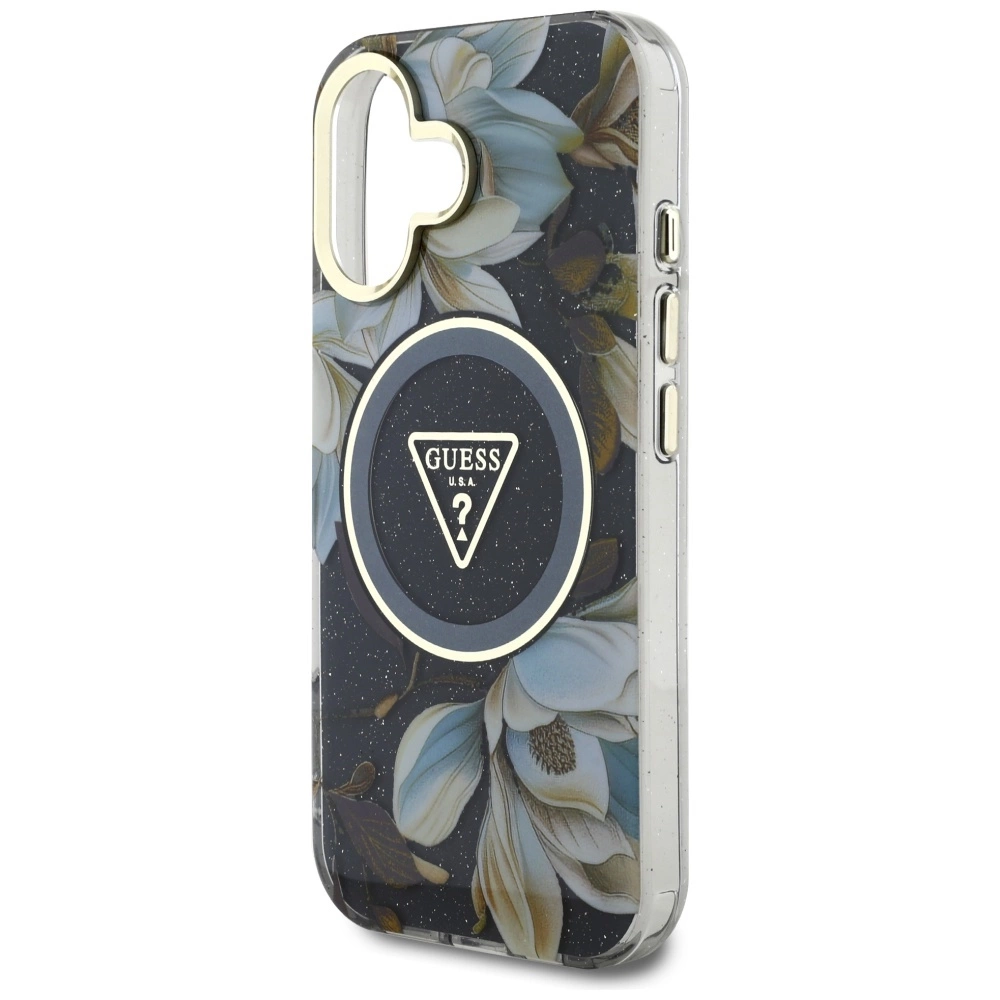 Guess Glitter Flowers Triangle Buttons MagSafe case for iPhone 16 blackeng