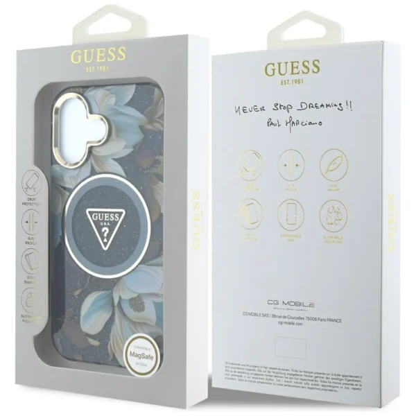 Guess Glitter Flowers Triangle Buttons MagSafe case for iPhone 16 blackeng
