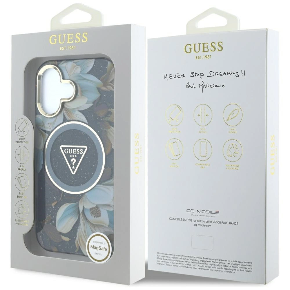 Guess Glitter Flowers Triangle Buttons MagSafe case for iPhone 16 blackeng