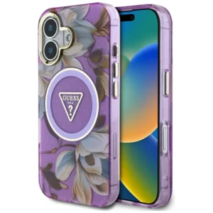 Guess Glitter Flowers Triangle Buttons MagSafe Case for iPhone 16 Purpleeng