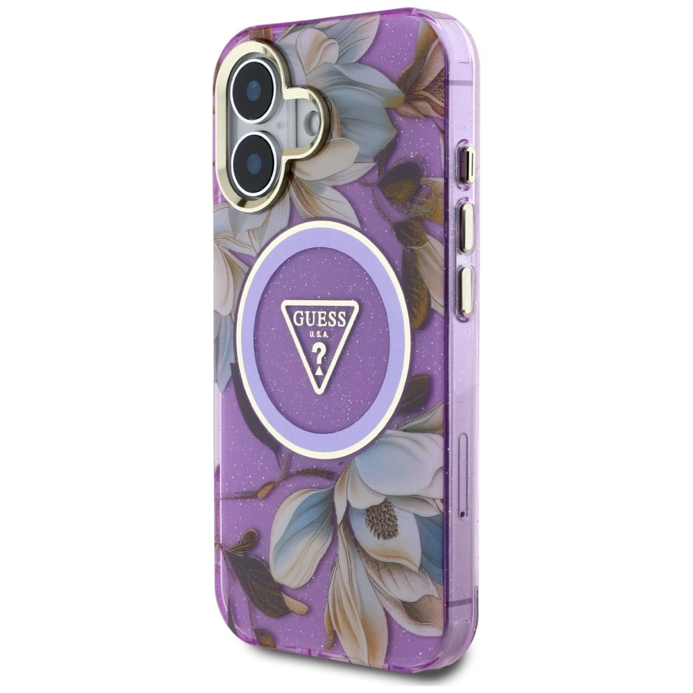 Guess Glitter Flowers Triangle Buttons MagSafe Case for iPhone 16 Purpleeng
