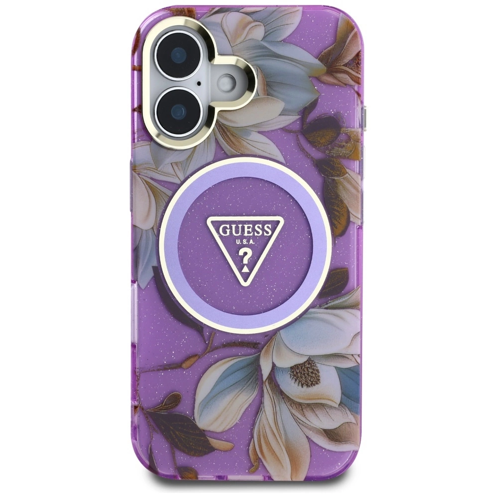 Guess Glitter Flowers Triangle Buttons MagSafe Case for iPhone 16 Purpleeng