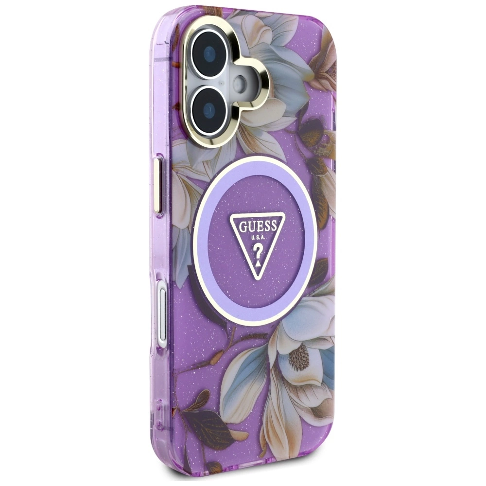 Guess Glitter Flowers Triangle Buttons MagSafe Case for iPhone 16 Purpleeng
