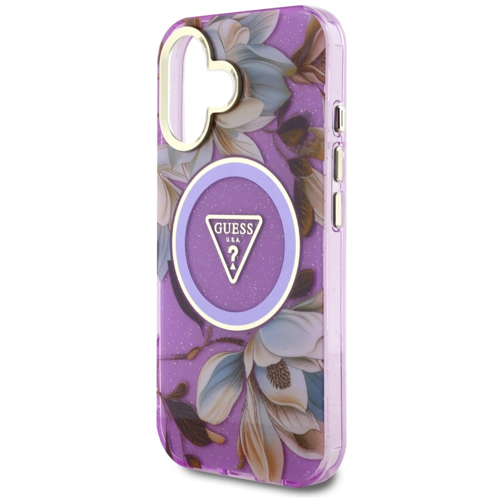 Guess Glitter Flowers Triangle Buttons MagSafe Case for iPhone 16 Purpleeng