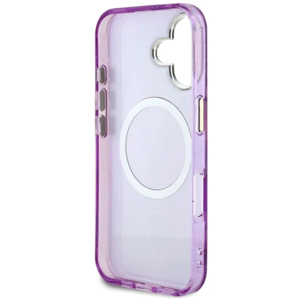 Guess Glitter Flowers Triangle Buttons MagSafe Case for iPhone 16 Purpleeng
