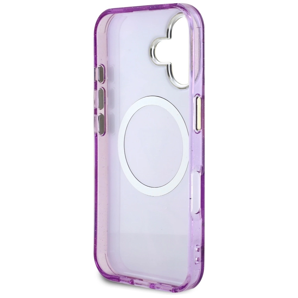Guess Glitter Flowers Triangle Buttons MagSafe Case for iPhone 16 Purpleeng