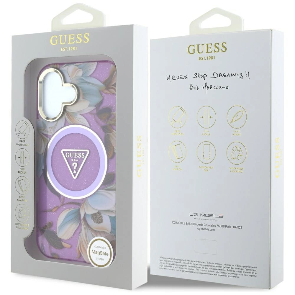 Guess Glitter Flowers Triangle Buttons MagSafe Case for iPhone 16 Purpleeng