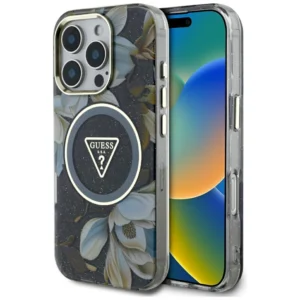 Guess Glitter Flowers Triangle Buttons MagSafe case for iPhone 16 Pro blackeng