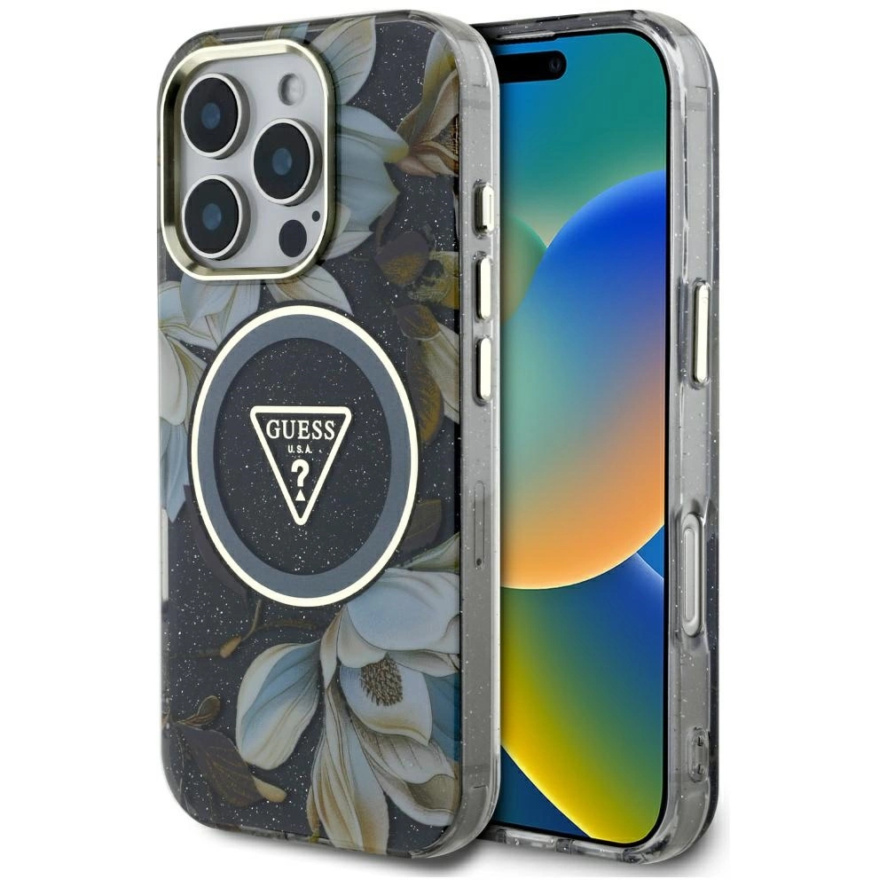 Guess Glitter Flowers Triangle Buttons MagSafe case for iPhone 16 Pro blackeng