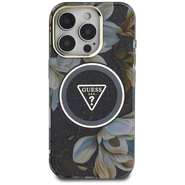 Guess Glitter Flowers Triangle Buttons MagSafe case for iPhone 16 Pro blackeng