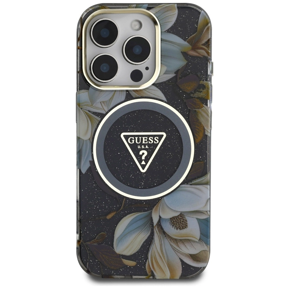 Guess Glitter Flowers Triangle Buttons MagSafe case for iPhone 16 Pro blackeng